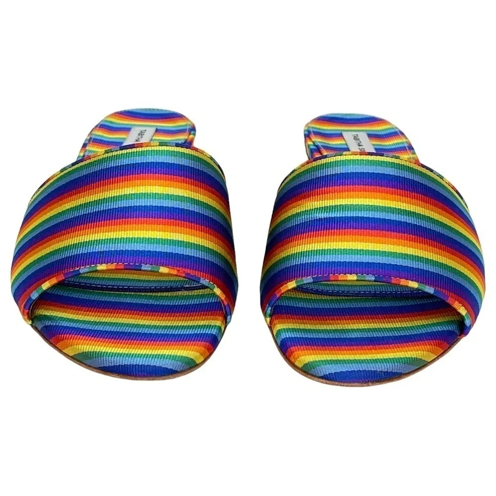 Tabitha Simmons Womens Slide Sandals EU 36 US 6 Sprinkles Rainbow Stripe Silk - Picture 3 of 13